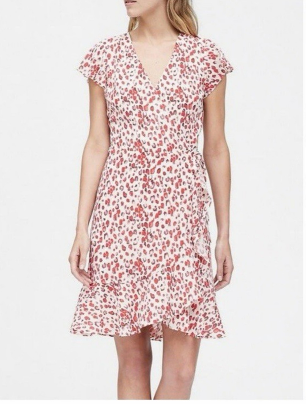 Banana Republic Wrap Dress Womens Size 0 Pink Red Animal Print Flutter Sleeves